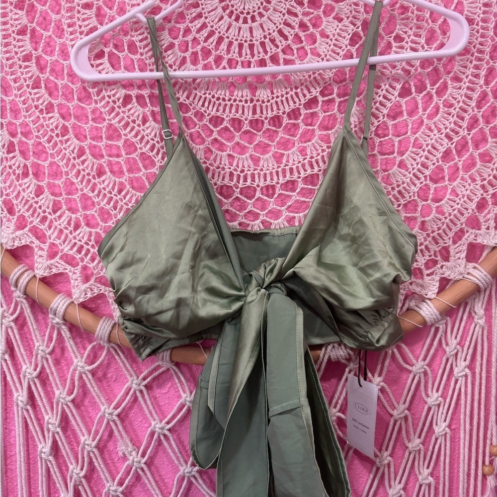 Cider Olive Green Satin Wrap Top NWT Sz Lrg